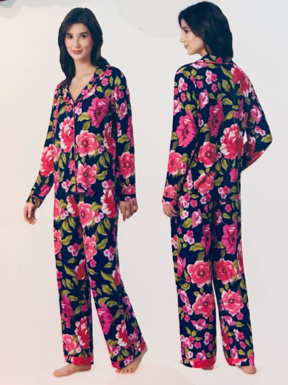 Room Service Pajama Set Navy & Pink Floral Button Front NEW